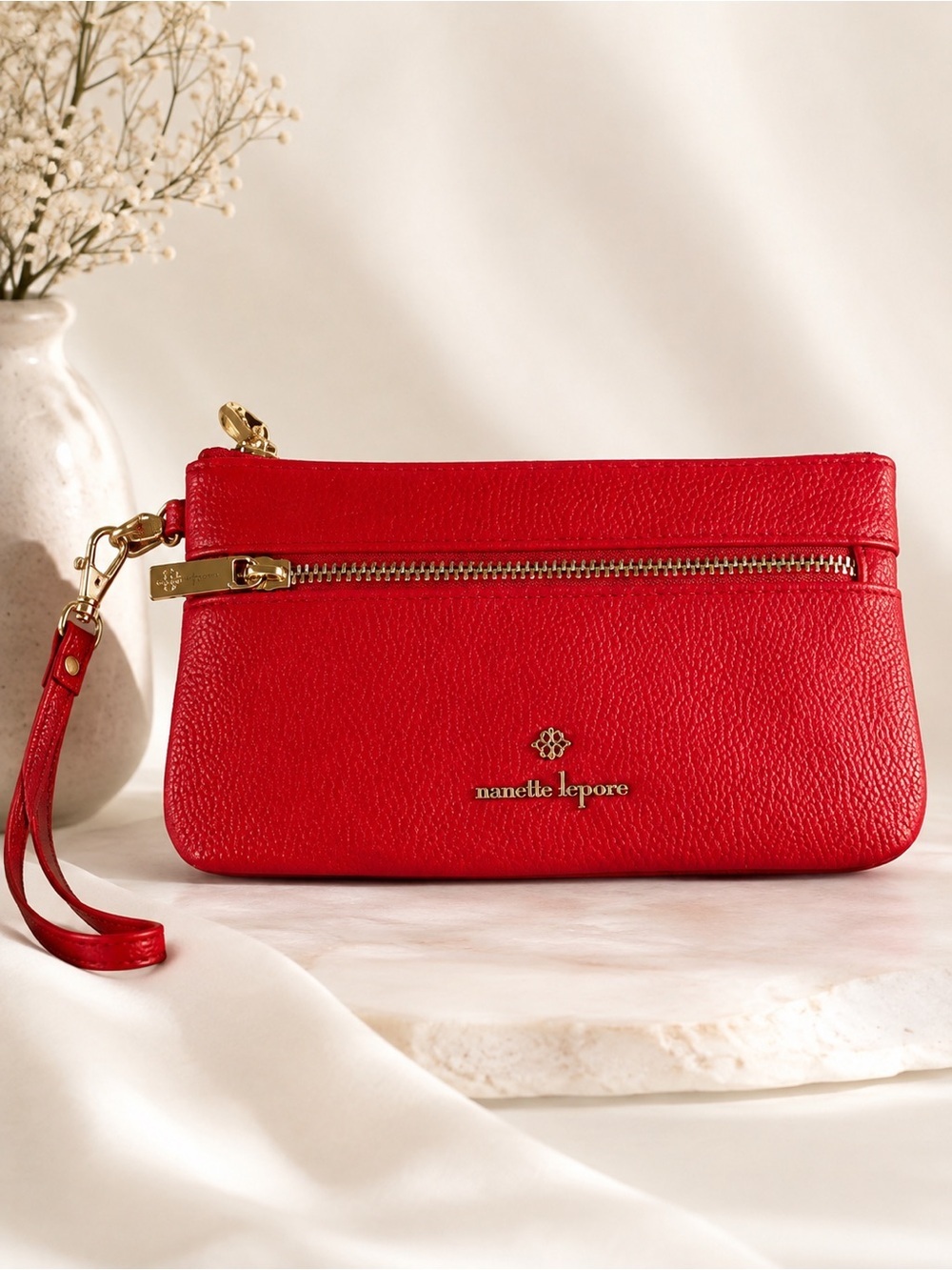 Nanette Lepore Red Wristlet Vegan Pebbled Leather  Coquette Romantic Date night